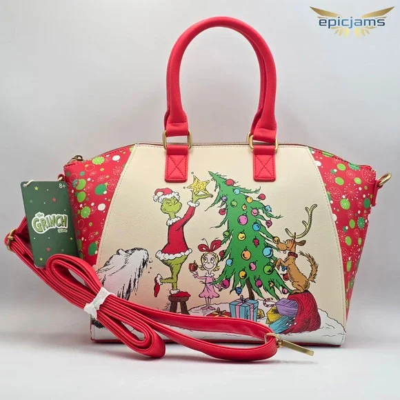 Loungefly Dr. Seuss How The Grinch Stole Christmas! Trio Tree Red Satchel Bag - Picture 4 of 8